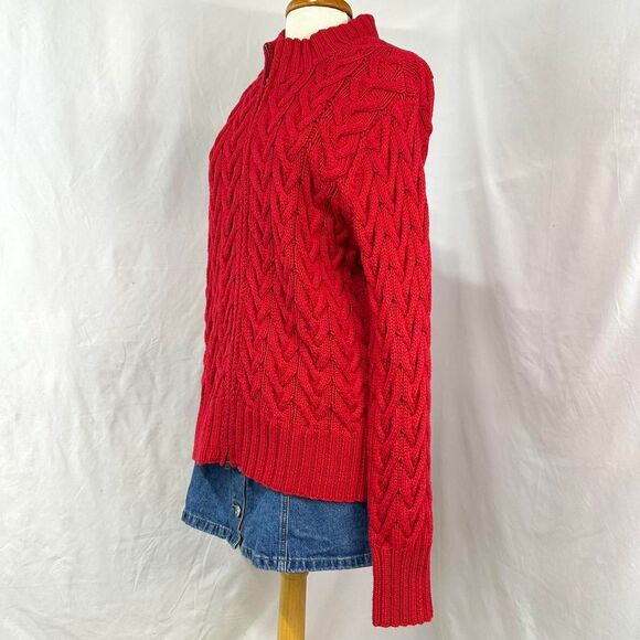 LANDS END Red Heavy Chunky Thick Cable Knit Full Zip Jacket Womens L Fisherman - Picture 2 of 5